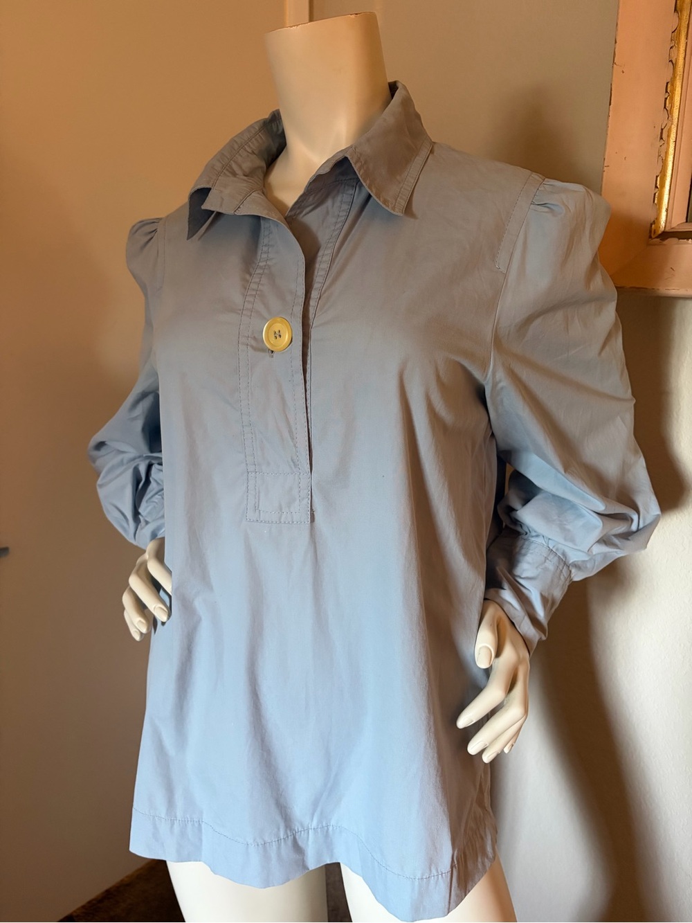 Louis Vuitton Uniformes Blue Popover Blouse 42 Puff Sleeve Cotton Top